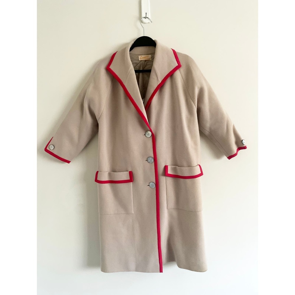 Vintage Kramer's Carmel By The Sea Long Coat Cream Knit Pink‎ Red Trim Pockets